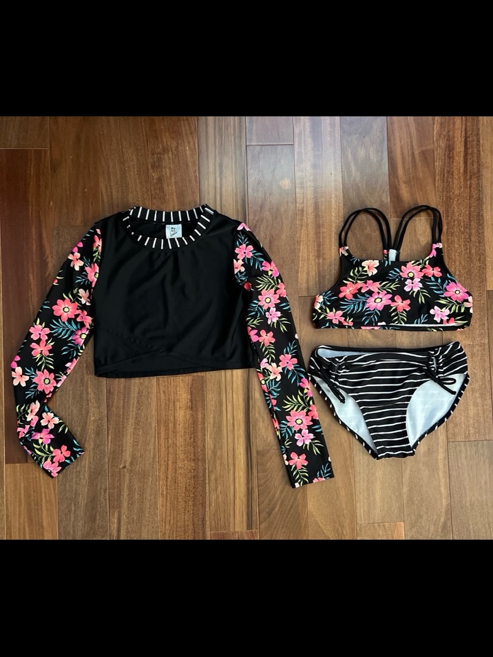 art class Black Rash Guard Swim Set with Pink Floral Sleeves & Striped Bottoms